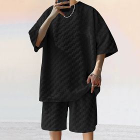 Jacquard Plaid Loose Straight Casual Shorts Suit (Option: Black-S)