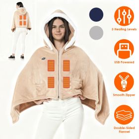 Wearable Heated Throw Blanket Double-Sided Flannel Portable Electric Heating Hoodie For Women Men Machine Washable 3 Heating Levels Battery Opera (Color: Beige)