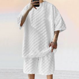 Jacquard Plaid Loose Straight Casual Shorts Suit (Option: White-M)