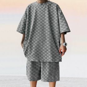 Jacquard Plaid Loose Straight Casual Shorts Suit (Option: Dark Gray-L)